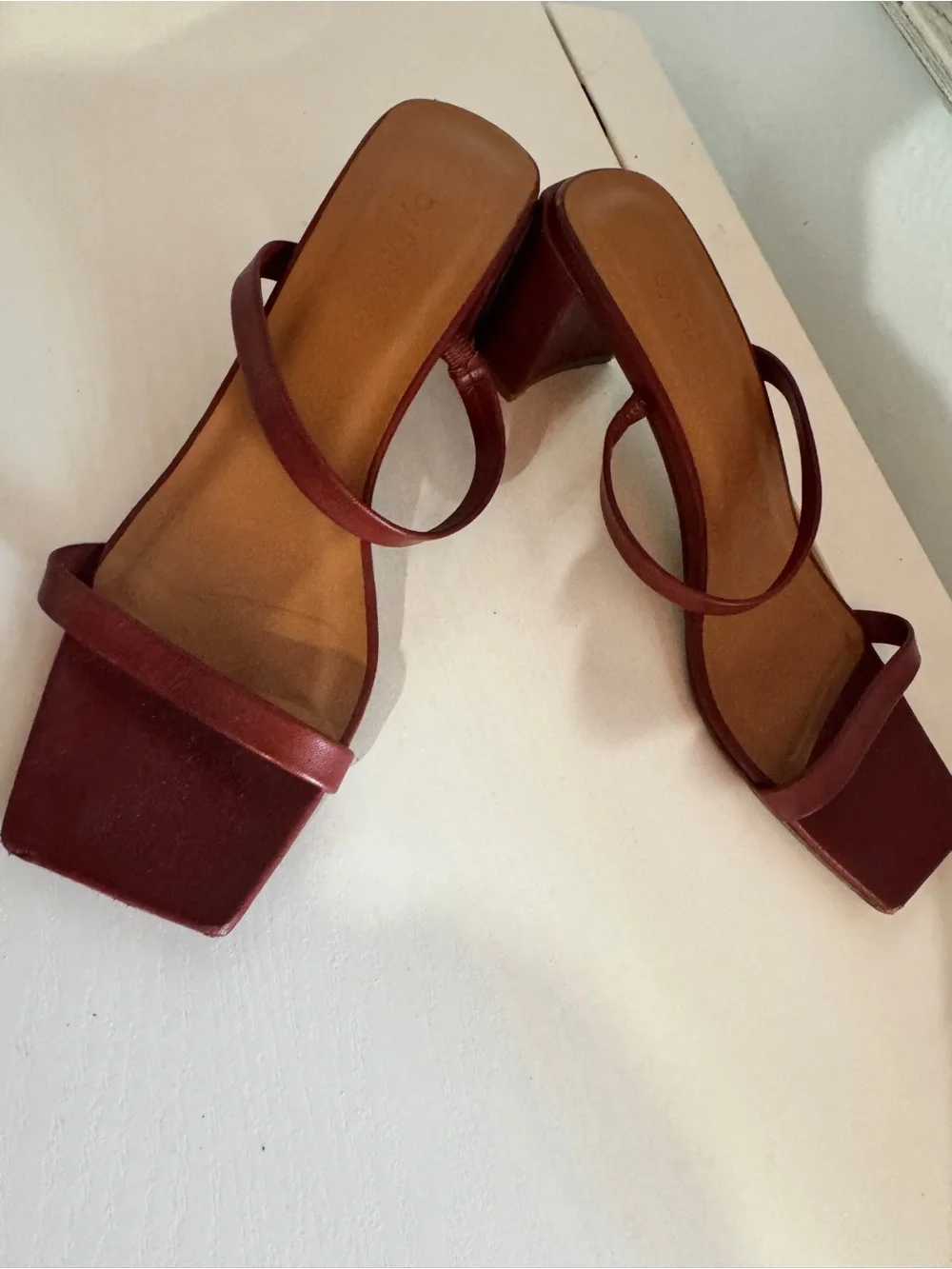 BY FAR Burgundy Double-Strap Square Block Heels Sandals